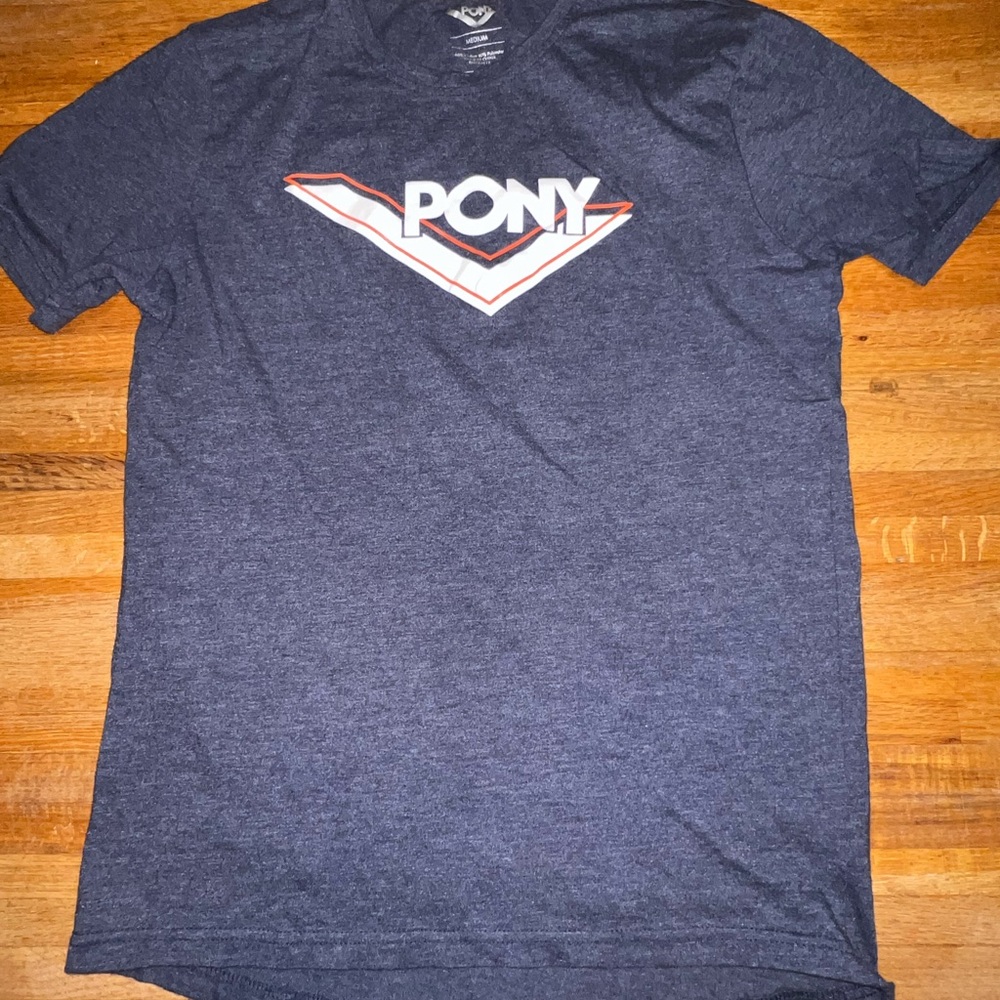 PONY Men Medium Heather Navy Casual Logo Loose Fit Short‎ Sleeve Crew Neck Shirt
